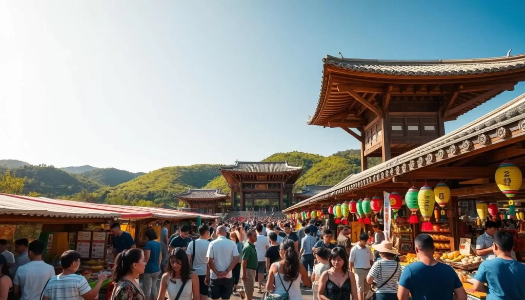 A bustling summer festival in North Jeolla Province, South Korea. In the foreground, vibrant stalls offer an array of local delicacies and handcrafted wares. Crowds of people meander through the lively atmosphere, enjoying the pleasant warmth of the day. In the middle ground, traditional wooden pavilions and stages host cultural performances, their intricate designs casting soft shadows. In the background, lush green hills and a clear blue sky set the idyllic scene, conveying the tranquil beauty of the region. Warm natural lighting bathes the entire composition, creating a serene and celebratory mood.