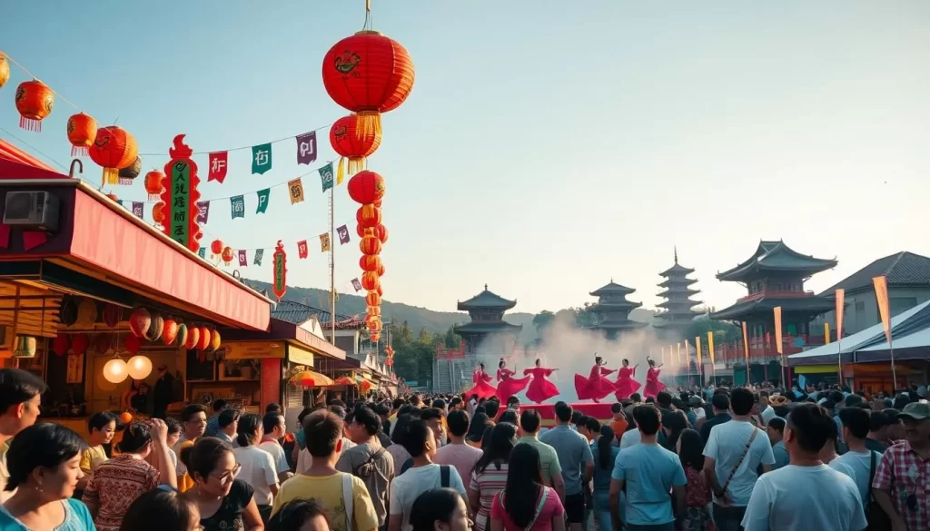 A bustling summer festival in South Gyeongsang Province, South Korea. In the foreground, a lively crowd gathers around brightly colored food stalls, the air filled with the aroma of grilled meats and spices. Colorful lanterns and banners hang overhead, casting a warm glow over the scene. In the middle ground, traditional Korean dancers gracefully perform on a raised stage, their vibrant costumes swirling. In the background, the silhouettes of ancient temples and pagodas stand tall, framed by a clear, azure sky. The atmosphere is one of joyous celebration, with laughter and music echoing through the streets. Capture the essence of a summer evening in South Korea, with attention to authentic cultural details and natural lighting.