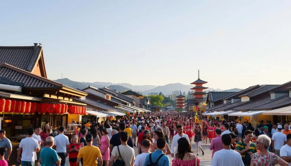 A bustling summer festival in the charming city of Yamaguchi, Japan. In the foreground, colorfully dressed locals and visitors mingle amid vibrant food stalls, lanterns, and traditional performances. The middle ground showcases a lively procession of dancers and musicians, their movements accentuated by the warm, golden afternoon sunlight. In the background, the iconic roofs and pagodas of historic Yamaguchi architecture create a picturesque skyline, set against a clear, azure sky. The atmosphere is one of joyous celebration, with a palpable sense of community and cultural heritage.