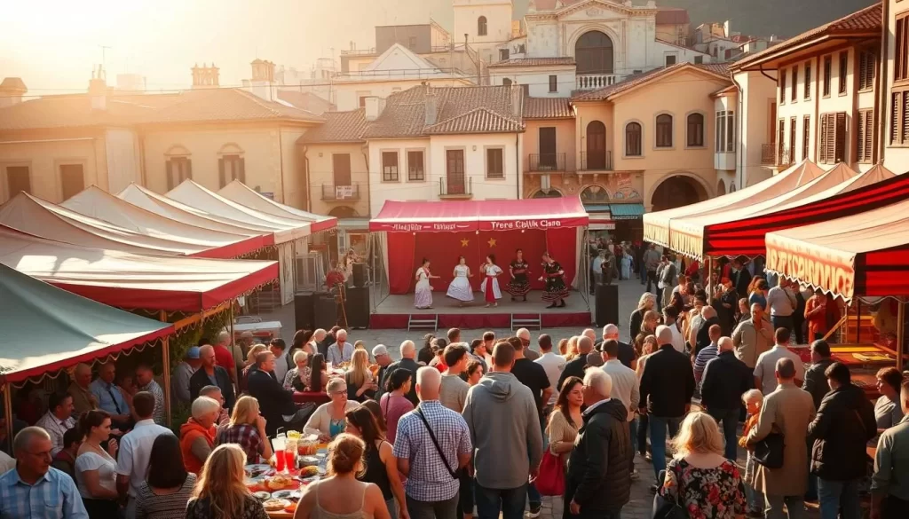 A bustling town square in Aydın, Turkey, filled with colorful tents, lively music, and the aroma of traditional Turkish cuisine. In the foreground, people gather around vibrant food stalls, sampling local delicacies. In the middle ground, a stage is set up, where traditional dancers perform energetic folk dances, their costumes and movements capturing the essence of Aydın's cultural heritage. The background features the town's historic buildings, their sun-drenched facades creating a warm, inviting atmosphere. Warm, golden light filters through the scene, casting a soft, inviting glow over the festivities. The overall mood is one of celebration, community, and the rich cultural traditions that make Aydın a vibrant and welcoming destination.