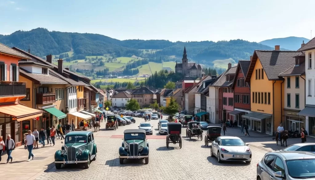 A bustling town square in Balzers, Liechtenstein, on a sunny day. In the foreground, people stroll along the cobblestone streets, passing by colorful storefronts and traditional architecture. In the middle ground, a mix of vintage cars, modern electric vehicles, and horse-drawn carriages navigate the narrow roads, creating a harmonious blend of old and new transportation. In the background, the rolling hills and lush greenery of the countryside provide a picturesque backdrop, with the occasional glimpse of the Balzers Castle towering above. The scene is illuminated by warm, natural light, capturing the charming and quaint atmosphere of this historic town.
