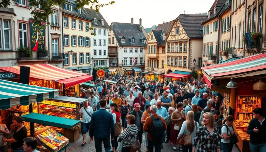 A bustling town square in Dudelange, Luxembourg, filled with vibrant stalls, colorful banners, and lively crowds celebrating a traditional festival. In the foreground, vendors offer an array of local crafts, artisanal foods, and handmade trinkets, creating a vibrant and lively atmosphere. The middle ground features a stage where musicians perform traditional folk music, their melodies carried on a gentle breeze. In the background, historic buildings and cobblestone streets frame the scene, evoking the charming and timeless character of the town. Soft, warm lighting casts a golden glow, enhancing the festive mood and creating an inviting, celebratory atmosphere.