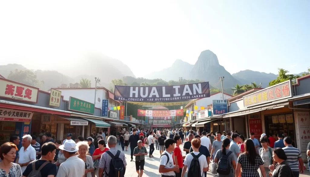 A bustling town square in Hualien County, Taiwan, where diverse languages mingle in a vibrant cultural tapestry. In the foreground, groups of people converse animatedly in Mandarin, Taiwanese, and indigenous dialects like Amis and Bunun. The middle ground features colorful storefront signs and banners, each reflecting the multilingual nature of the region. In the background, towering mountains and lush greenery create a serene, natural backdrop, symbolizing the rich heritage and natural beauty of Hualien. Warm sunlight filters through, casting a welcoming glow over the entire scene, capturing the harmony and vibrancy of Hualien's linguistic diversity.