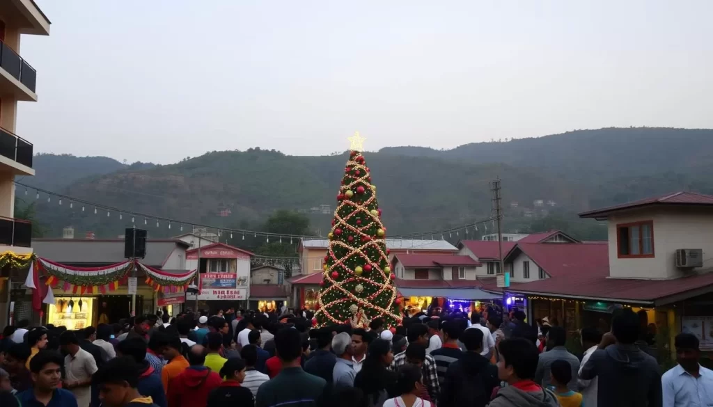 A bustling town square in Mizoram, India, during the festive Christmas season. The foreground features a lively crowd of locals and visitors gathered around a towering, beautifully decorated Christmas tree, its lights twinkling in the soft evening glow. The middle ground showcases colorful decorations, strung between buildings and adorning storefronts, creating a warm, celebratory atmosphere. In the background, the rolling hills of Mizoram provide a scenic, verdant backdrop, bathed in the golden light of the setting sun. The scene conveys a sense of joy, community, and the vibrant cultural traditions of this enchanting region during the winter months.