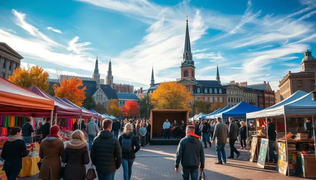 A bustling town square in Providence, Rhode Island, on a crisp autumn day. Colorful tents and booths line the streets, filled with local artisans, food vendors, and lively entertainers. In the foreground, a group of friends stroll through the seasonal market, admiring handcrafted trinkets and sampling seasonal treats. The middle ground features a small stage where a traditional folk band plays lively music, drawing a crowd of swaying onlookers. In the background, the iconic spires of historic buildings and the vibrant fall foliage create a picturesque scene, bathed in warm, golden sunlight filtering through wispy clouds.