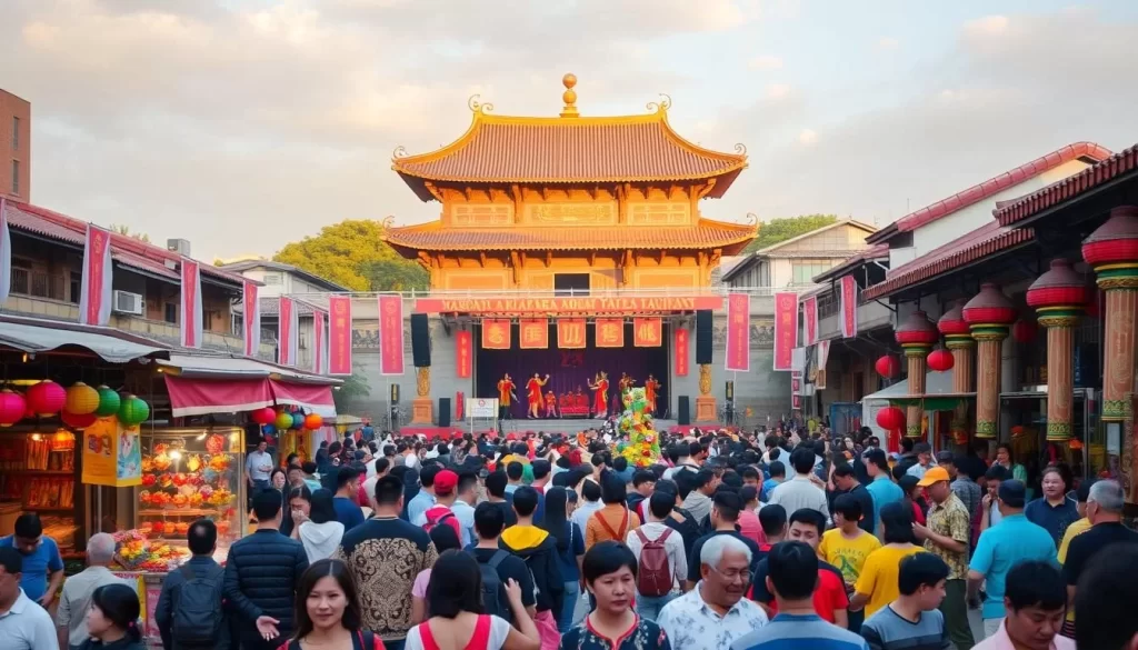 A bustling town square in Taiwan, filled with the vibrant colors and lively energy of a cultural festival. In the foreground, crowds of people weave through stalls adorned with handcrafted trinkets, traditional costumes, and fragrant street food. The middle ground features a large stage, where performers in elaborate masks and costumes captivate the audience with traditional dances and music. In the background, a historic temple stands tall, its intricate architecture bathed in warm, golden sunlight. The scene conveys a sense of cultural celebration, community, and the rich heritage of Chiayi County, Taiwan.