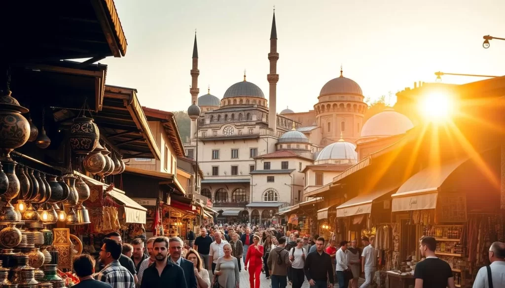 A bustling traditional Turkish bazaar, its alleyways lined with vibrant stalls and shops. The warm afternoon sun casts a golden glow, illuminating the intricate architecture and ornate textiles on display. In the foreground, vendors hawk their wares - handcrafted ceramics, aromatic spices, and gleaming metalwork. Further back, shoppers weave through the lively crowds, haggling and exploring the diverse offerings. The middle ground features towering domes and minarets, their silhouettes casting dynamic shadows. In the background, the bazaar is framed by historic buildings, their facades weathered by time. An atmosphere of cultural richness and vibrant commerce permeates the scene, inviting the viewer to immerse themselves in the sights, sounds, and aromas of this traditional Turkish marketplace.