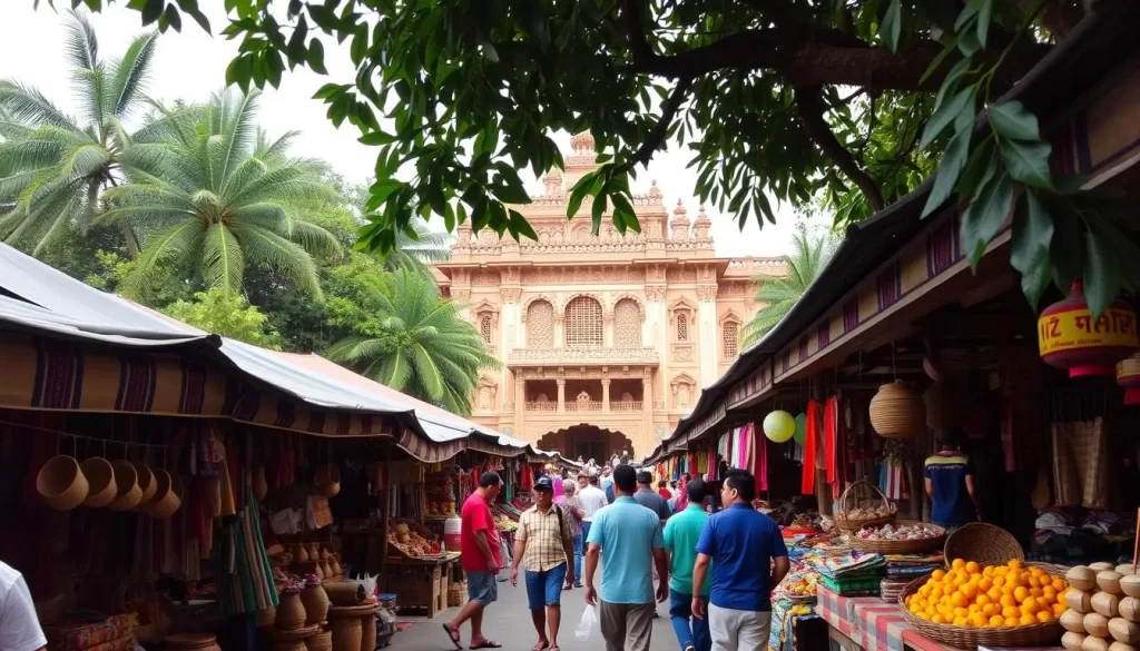 A bustling traditional marketplace in Kota Bharu, Malaysia, filled with vibrant colors and lively energy. In the foreground, stalls display an array of handcrafted textiles, woven baskets, and local delicacies, inviting visitors to immerse themselves in the rich cultural heritage. The middle ground features the iconic architecture of the Kelantan State Museum, its ornate facades and intricate carvings reflecting the region's unique Malay-Islamic influence. In the background, lush tropical foliage frames the scene, creating a serene and picturesque backdrop for this cultural gem.