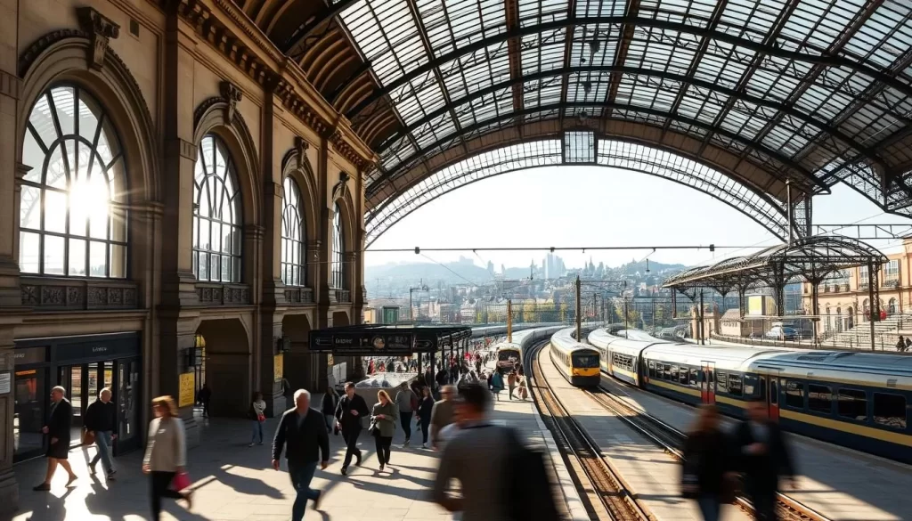 A bustling train station in Liège, Belgium on a sunny day. The grand, neo-Renaissance facade with arched entrances and decorative columns stands imposingly in the foreground. Passengers hurry through the spacious concourse, their silhouettes blurred in motion. Sunlight streams through the large windows, casting a warm glow. In the middle ground, elegant wrought-iron and glass canopies cover the platforms where trains slowly pull in and out. In the background, the city skyline with its mix of historic and modern architecture recedes into the distance.