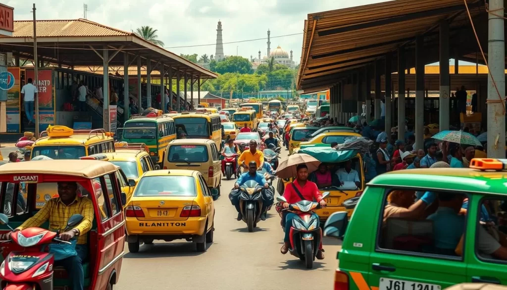 A bustling transportation hub in the heart of Bassar, Togo, showcasing an array of local modes of travel. In the foreground, colorful taxis and motorbikes weave through the crowded streets, their drivers navigating with practiced ease. In the middle ground, a lively bus station teems with passengers boarding and disembarking, their luggage and wares creating a vibrant visual tapestry. In the background, the skyline is punctuated by the iconic structures of Bassar, hinting at the rich culture and history of this vibrant town. The scene is bathed in warm, golden sunlight, creating a welcoming and inviting atmosphere for visitors seeking practical transportation options.