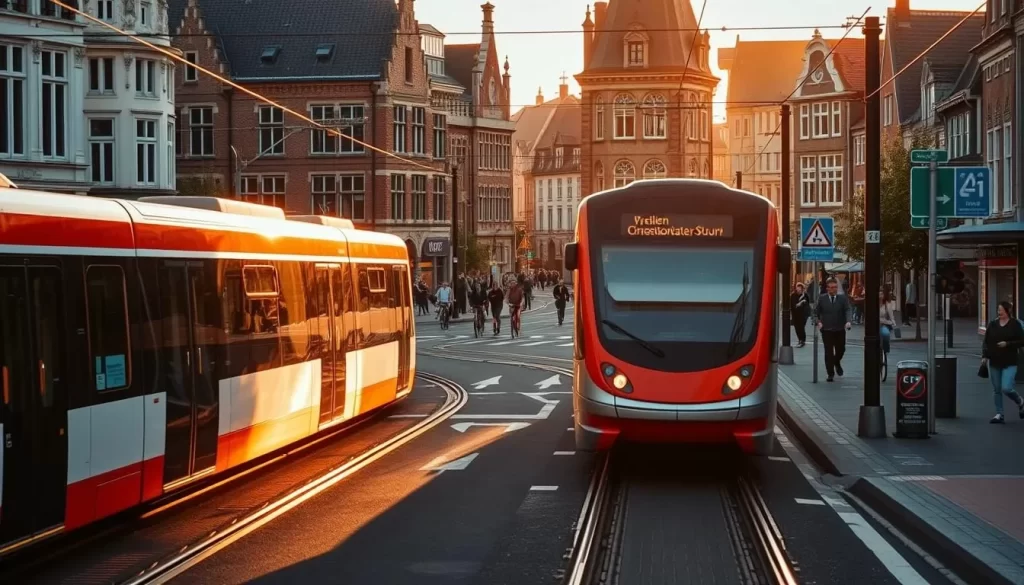 A bustling transportation hub in the historic city of Mechelen, Belgium. In the foreground, a tram glides smoothly along the tracks, its sleek design and vibrant colors capturing the essence of modern urban mobility. In the middle ground, pedestrians and cyclists navigate the well-marked bike lanes and crosswalks, showcasing the city's commitment to sustainable transportation. The backdrop features the charming architectural details of Mechelen's medieval buildings, bathed in warm, golden sunlight that creates a welcoming and inviting atmosphere. The scene conveys a sense of efficiency, accessibility, and integration of various modes of transport, perfectly encapsulating the essence of getting around this delightful Belgian city.