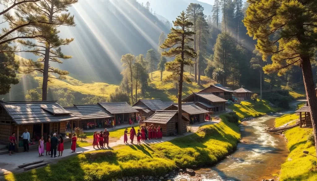 A bustling tribal village nestled in the lush, rolling hills of Arunachal Pradesh. Vibrant textiles and intricate handicrafts adorn the vibrant, sun-dappled scene. Thatched-roof huts and communal gathering spaces create a warm, inviting atmosphere. Tribal elders and youths alike engage in traditional dances and rituals, preserving their rich cultural heritage. A crystal-clear river winds through the foreground, reflecting the verdant landscape. Beams of golden light filter through the canopy of tall, verdant trees, casting a serene, ethereal glow over the entire idyllic tableau.
