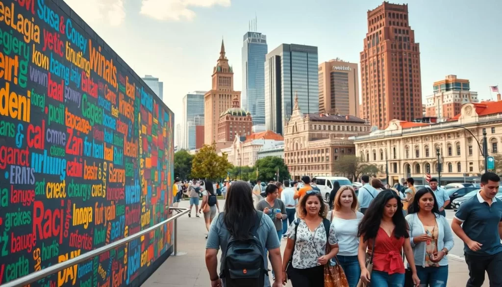 A bustling urban landscape in Georgia, USA, showcasing the linguistic diversity of the region. In the foreground, a colorful mural depicting various languages and scripts spanning the breadth of the state's diverse population. In the middle ground, pedestrians of diverse ethnicities converse animatedly, their body language and gestures reflecting the vibrant exchange of ideas. In the background, a mix of modern high-rises and historic buildings stand as a testament to the rich cultural heritage of the state. Warm, natural lighting illuminates the scene, creating a sense of vitality and connectedness. Captured through a wide-angle lens, the image conveys the dynamic and inclusive nature of Georgia's linguistic landscape.