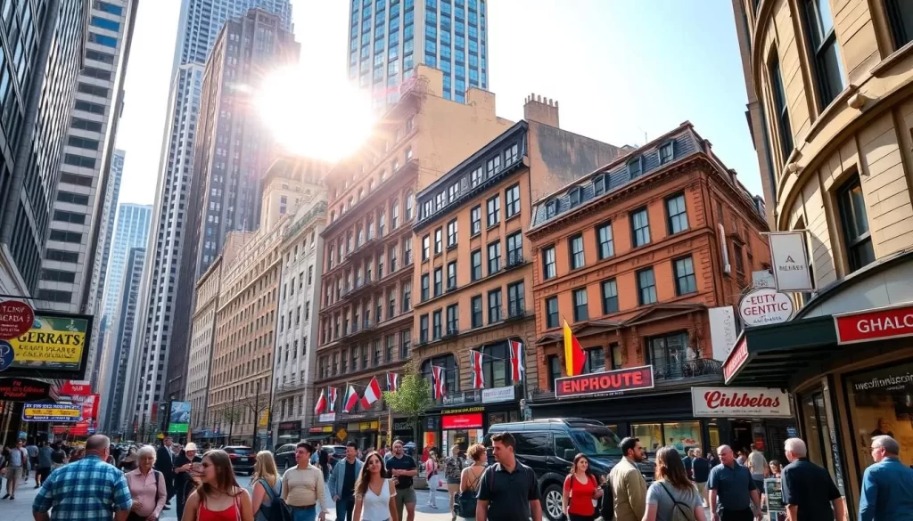 A bustling urban scene in downtown Chicago, with skyscrapers and brownstone buildings lining the streets. Pedestrians of diverse backgrounds stroll along the sidewalks, conversing in a variety of European languages - French, German, Italian, Spanish, and more. Vibrant storefront signs and advertisements showcase the multilingual character of the neighborhood. Sunlight filters through the buildings, casting a warm glow on the lively street activity. A sense of cultural richness and linguistic diversity permeates the atmosphere, reflecting Illinois' status as a hub for European immigrant communities.