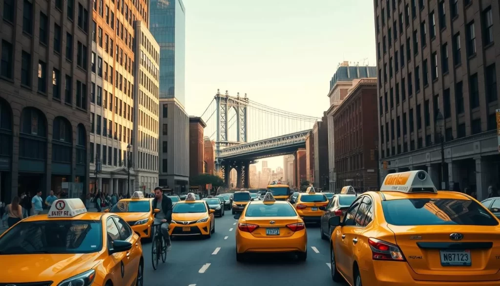 A bustling urban scene of New York City transportation during a pleasant, sunny day. In the foreground, yellow taxis and rideshare vehicles navigate the busy streets, their bright colors contrasting with the sleek, modern architecture of the skyscrapers in the middle ground. Pedestrians stroll along the sidewalks, and cyclists weave through the traffic. In the background, the iconic silhouette of the Brooklyn Bridge spans the East River, its cables and suspension towers casting dramatic shadows. The image is captured with a wide-angle lens, emphasizing the grand scale and dynamic energy of the cityscape. The warm, golden lighting creates a sense of optimism and vibrancy, perfectly suited to the "Seasonal Considerations for NYC Transportation" section of the article.