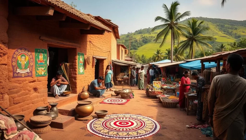 A bustling village in the heart of Andhra Pradesh, India, captured in vibrant hues. In the foreground, intricate rangoli patterns adorn the entrance of a traditional mud-brick house, its walls adorned with colorful murals. Nearby, artisans skillfully craft brass and copper utensils, their tools glinting in the warm sunlight. In the middle ground, a lively market scene unfolds, with vendors offering an array of spices, textiles, and local produce. In the background, lush green hills rise, their slopes dotted with swaying palm trees. The atmosphere is one of celebration and cultural richness, reflecting the enduring traditions of this dynamic region.