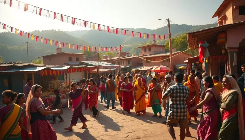 A bustling village square in Jharkhand, India, adorned with vibrant decorations and colorful attire worn by locals celebrating a lively festival. The scene is illuminated by warm, golden sunlight, casting a celebratory glow over the festivities. In the foreground, a group of people engage in traditional dance steps, their movements graceful and rhythmic. In the middle ground, colorful stalls offer an array of local crafts, foods, and cultural artifacts. The background features a backdrop of lush, verdant hills and traditional mud-brick houses, adding to the authentic, rural ambiance. The overall atmosphere conveys a sense of community, joy, and the rich cultural heritage of Jharkhand.