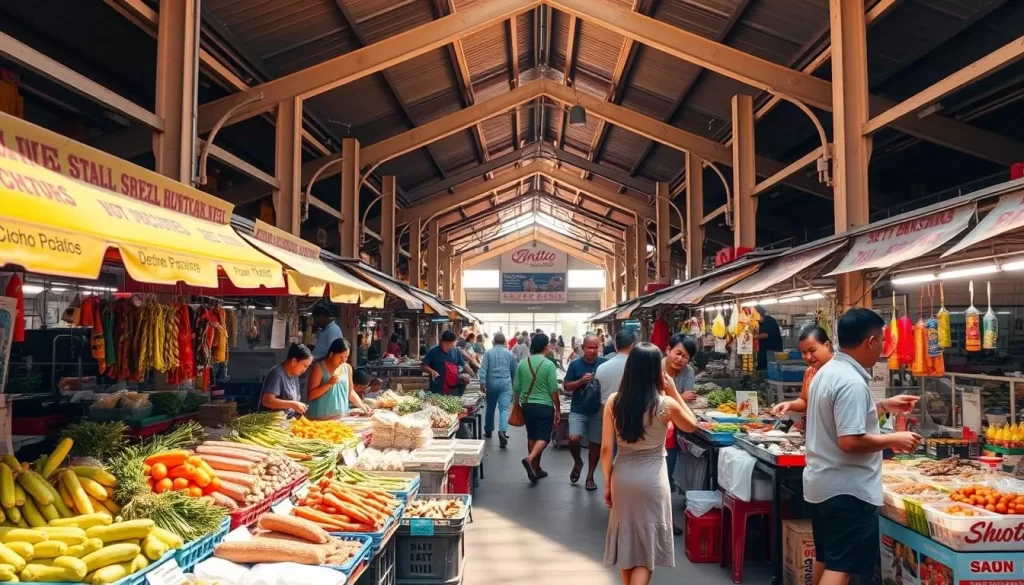 A bustling wet market in Kota Kinabalu, Malaysia on a sunny day. In the foreground, vibrant stalls display an array of fresh produce, seafood, and local delicacies. The middle ground features vendors passionately interacting with customers, negotiating prices and sharing stories. In the background, the market's architecture blends modern and traditional elements, creating a lively and immersive atmosphere. Warm natural lighting filters through the open-air structure, casting a golden glow over the scene. The overall mood is one of cultural authenticity, culinary abundance, and a sense of community.