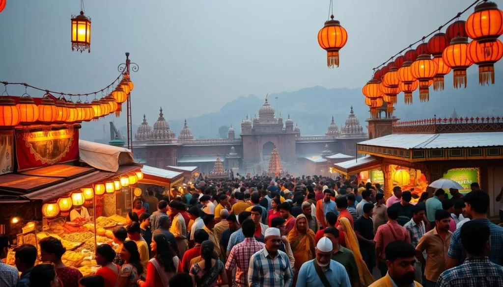A bustling winter festival in the heart of Maharashtra, India. A vibrant crowd gathers under the warm glow of lanterns, as traditional folk dancers sway to the rhythm of lively music. In the foreground, stalls overflow with colorful handcrafted goods, spices, and local delicacies. In the middle ground, ornate temples and historic architecture provide a picturesque backdrop, while in the distance, rolling hills blanketed in a soft, snowy haze create a serene and enchanting atmosphere. The scene is bathed in a golden, soft-focus light, evoking a sense of warmth, celebration, and the rich cultural heritage of this remarkable region.