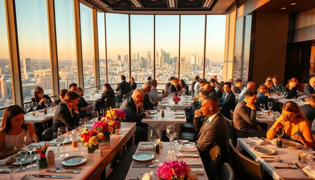 A busy Los Angeles dining scene, bustling with energy and diverse flavors. A foreground of elegant tables adorned with fine china, silverware, and colorful floral centerpieces. In the middle ground, smartly dressed patrons enjoying gourmet dishes and sipping on craft cocktails. The background features a panoramic view of the city skyline, bathed in warm, golden hour light. Sleek, modern architecture with floor-to-ceiling windows allows ample natural illumination. Capture the vibrant, cosmopolitan atmosphere of dining in the heart of Los Angeles.