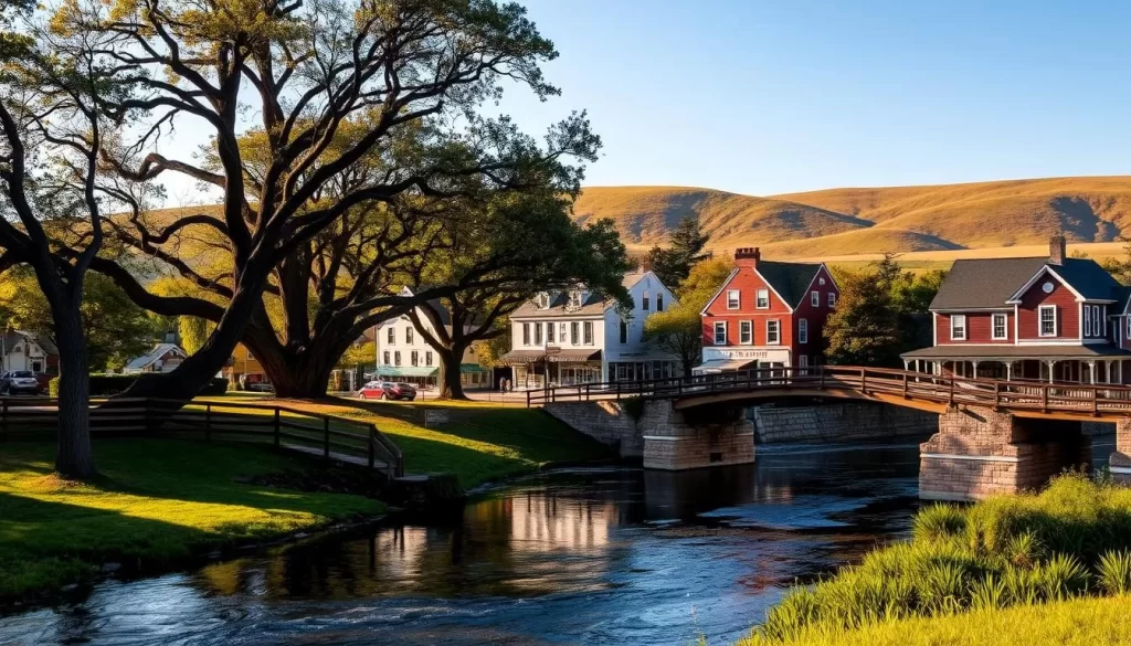 A charming New England town nestled along the banks of the Pawtuxet River, Fiskeville, Rhode Island exudes a quaint, picturesque ambiance. In the foreground, a historic wooden bridge arches gracefully over the gently flowing waterway, its reflection dancing on the surface. Lining the riverbanks, stately oak trees sway in the light breeze, their leaves casting dappled shadows on the grassy shores. In the middle ground, the town's main street comes into view, featuring a row of well-preserved colonial-style buildings housing local shops and cafes. The warm sunlight bathes the scene in a golden glow, highlighting the weathered charm of the architecture. In the background, rolling green hills rise up, providing a serene, pastoral backdrop to this charming New England hamlet.