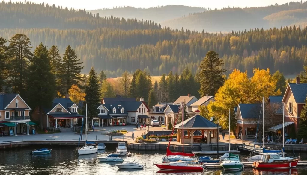 A charming Northwoods Lake Country town nestled among towering pines, with a picturesque main street lined with quaint shops and cafes. In the foreground, a small harbor filled with colorful boats gently bobbing on the tranquil waters. In the middle ground, an idyllic town square with a classic gazebo and people strolling about. In the background, rolling hills and dense forests create a serene, natural backdrop. Warm sunlight filters through the trees, casting a golden glow over the entire scene. The atmosphere is one of tranquility, leisure, and small-town Americana.