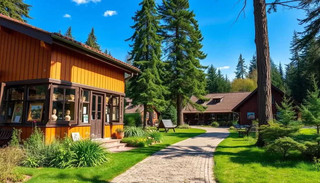 A charming art gallery nestled in the heart of the Białowieża Forest, showcasing the rich cultural heritage of the region. The building features a warm, inviting exterior, with large windows that allow natural light to flood the interior. On display are a variety of traditional Polish artworks, including intricate woodcarvings, vibrant textile weavings, and captivating paintings that depict the forest's majestic landscapes. In the foreground, a quaint cobblestone path leads visitors toward the gallery's entrance, flanked by lush greenery and towering pine trees. The overall scene exudes a sense of tranquility and artistic inspiration, perfectly capturing the essence of cultural experiences in Białowieża Village.