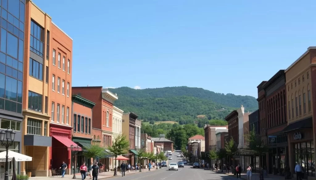 A charming cityscape of Cookeville, Tennessee on a pleasant day. Tall buildings with a mix of modern and historic architecture line the streets, their facades gleaming in the warm sunlight. In the foreground, people stroll along the sidewalks, enjoying the vibrant atmosphere. The middle ground features a bustling main street with shops, cafes, and local businesses. Towering in the background, the rolling hills and lush greenery of the surrounding countryside create a picturesque setting. Capture the inviting ambiance of this thriving community, with a focus on the practical details a visitor might appreciate.