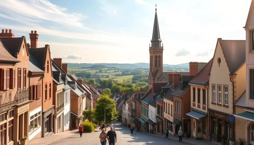 A charming cityscape of Mons, Belgium on a pleasant day. In the foreground, cobblestone streets and quaint buildings with colorful facades. Locals stroll by, enjoying the lively atmosphere. The middle ground reveals the iconic belfry tower of the Mons Town Hall, its gothic spire reaching skyward. In the distance, the rolling hills and lush greenery of the Belgian countryside provide a picturesque backdrop. Warm sunlight filters through wispy clouds, casting a soft, inviting glow over the entire scene. Capture the essence of Mons' timeless beauty and the serene, inviting ambiance of this historic Wallonian city.