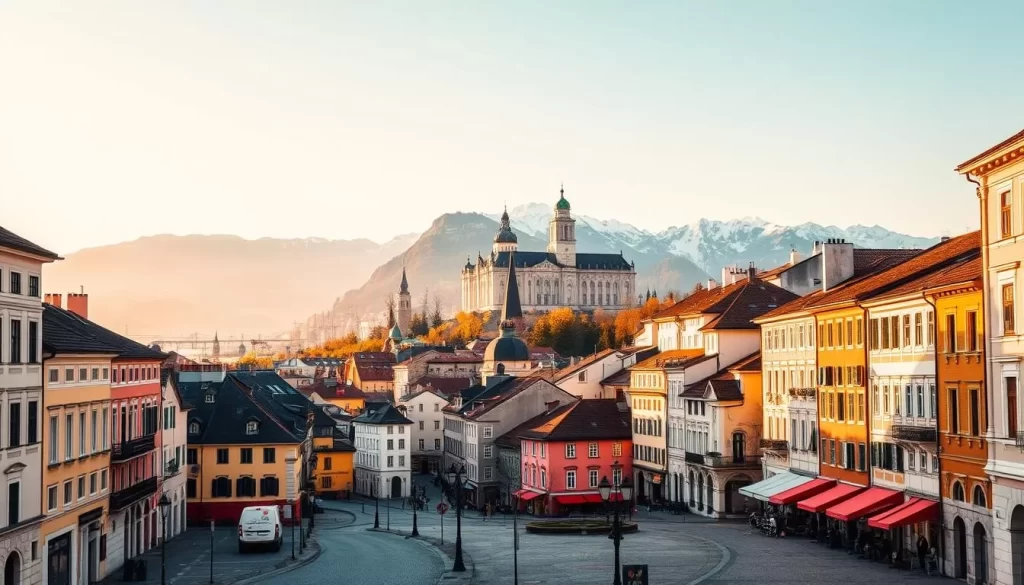 A charming cityscape of Salzburg, Austria under a clear, warm sky. In the foreground, cobblestone streets wind through the historic city center, lined with colorful Baroque-style buildings and quaint cafes. In the middle ground, the iconic Hohenzollern Fortress perches atop a towering hill, its golden-domed cathedral gleaming in the sunlight. In the distance, the majestic Alps rise up, their snow-capped peaks framing the picturesque scene. Capture the essence of Salzburg's timeless beauty with a crisp, high-resolution image that showcases the city's architectural splendor and breathtaking natural setting.