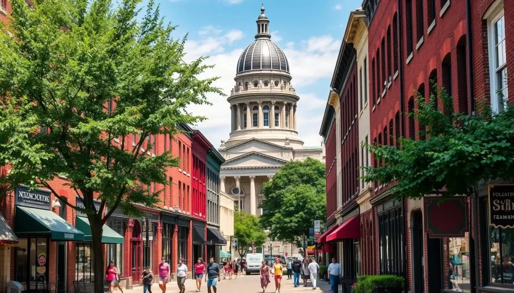 A charming cityscape of historic Iowa City on a pleasant summer day. In the foreground, quaint brick buildings line the bustling streets, their facades adorned with intricate architectural details. Pedestrians stroll along the sidewalks, capturing the vibrant energy of the city. In the middle ground, the iconic Old Capitol building stands tall, its striking limestone dome gleaming in the warm sunlight. Lush trees and greenery frame the scene, creating a picturesque backdrop. The image conveys a sense of timelessness, inviting the viewer to step into the heart of Iowa City and discover its enduring charm.