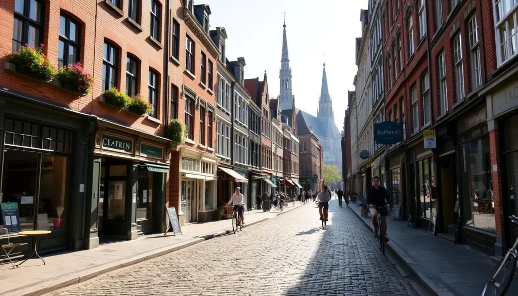 A charming cobblestone street in Antwerp's historic city center, bathed in warm afternoon sunlight. Quaint brick buildings with ornate facades line the road, their windows adorned with flower boxes. An intriguing mix of cafes, boutiques, and artisan workshops invite passersby to explore. Pedestrians and cyclists leisurely navigate the quiet lane, adding to the peaceful, quintessentially European atmosphere. In the distance, the spire of a grand cathedral stands tall, a reminder of Antwerp's rich cultural heritage. The scene evokes a sense of timeless beauty and unhurried tranquility, capturing the essence of this hidden gem within the city.