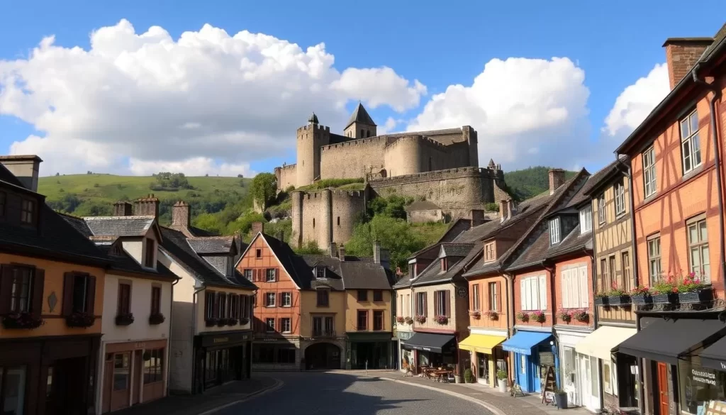 A charming historic town center in Bouillon, Belgium, under a blue sky with fluffy white clouds. In the foreground, cobblestone streets lined with quaint shops and cafes, their colorful facades adorned with flowering window boxes. In the middle ground, an impressive medieval castle perched atop a rocky outcrop, its towers and ramparts casting shadows across the scene. In the background, rolling green hills dotted with trees provide a peaceful countryside backdrop. The warm sunlight bathes the entire town in a golden glow, creating a welcoming and timeless atmosphere.