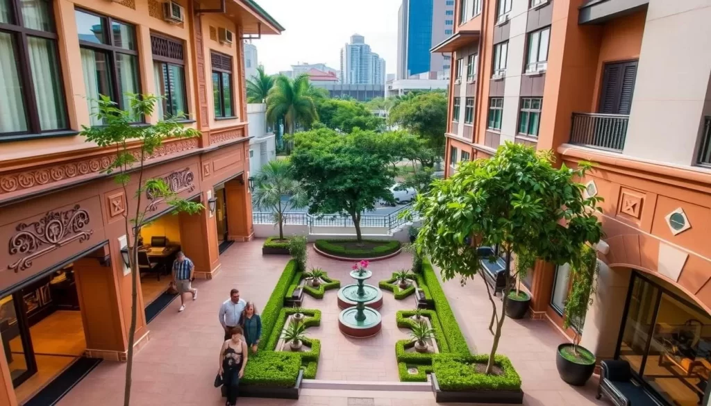 A charming hotel facade in Shah Alam, Malaysia, with a blend of modern and traditional architectural elements. The building's exterior showcases intricate carvings, warm earthy tones, and neatly manicured gardens. Guests can be seen entering the inviting lobby, bathed in soft, natural lighting that filters through the wide windows. In the middle ground, a tranquil courtyard offers a peaceful respite, with lush greenery and a serene water feature. The background gently transitions to the bustling city streets of Shah Alam, creating a harmonious balance between the accommodation and its surrounding urban landscape.
