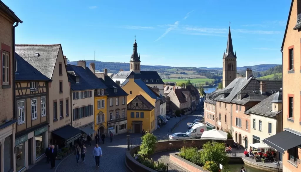 A charming old town nestled along the banks of the Sauer River, Luxembourg's historic center is a picturesque tapestry of cobblestone streets, timeless architecture, and vibrant local life. Capture the essence of this captivating setting, with sunlight dappling the weathered facades of centuries-old buildings, their warm hues contrasting against the cool blue sky. In the foreground, pedestrians stroll past quaint shops and cafes, their movements lending a sense of energy and vitality to the scene. The middle ground features the iconic spires and turrets of the town's medieval churches, while in the distance, rolling hills and lush greenery frame the tranquil riverside setting, instilling a serene and timeless ambiance. Render this enchanting tableau with a sharp, photographic lens, conveying the charm and historical significance of Larochette's historic heart.