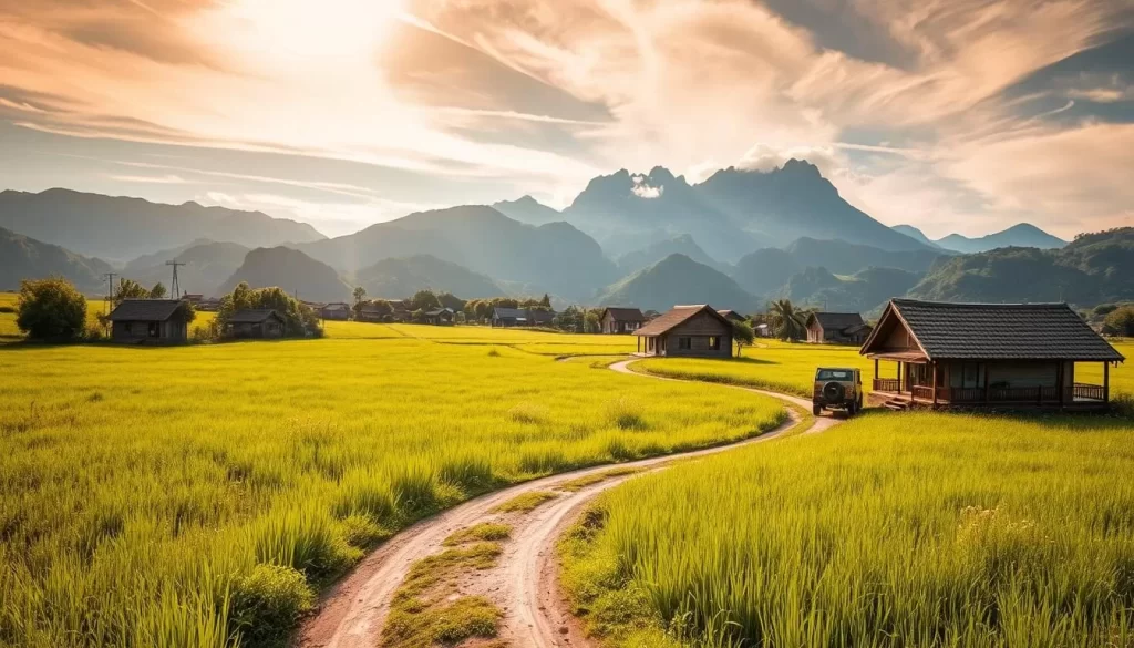 A charming rural landscape in Miaoli County, Taiwan, bathed in warm golden sunlight. In the foreground, a winding dirt path leads through a lush field of vibrant green grasses and wildflowers. Towering mountains rise majestically in the distance, their peaks capped with wispy clouds. Scattered throughout the scene are traditional Taiwanese farmhouses and quaint country cottages, their tile roofs and wooden structures in perfect harmony with the serene natural surroundings. The overall atmosphere is one of tranquility and rustic simplicity, inviting the viewer to slow down and immerse themselves in the peaceful rural charm of Miaoli County.