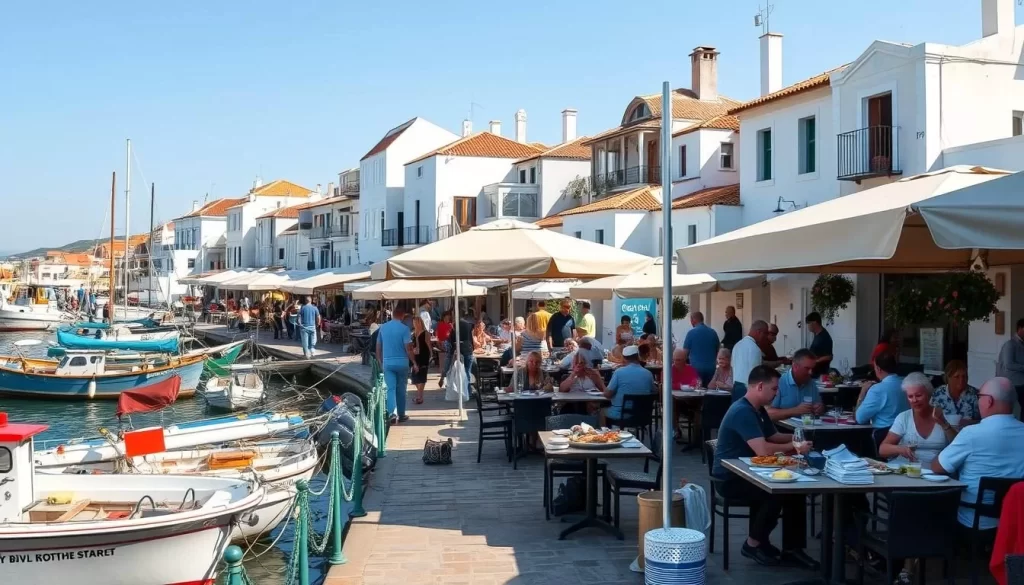 A charming seaside town on the island of Bozcaada, Turkey, with a vibrant seafood restaurant scene nestled along the picturesque harbor. Capture the lively atmosphere as local fishermen unload their daily catch, while patrons savor fresh-caught delicacies al fresco under the warm Mediterranean sun. Showcase the inviting outdoor seating areas, with umbrella-shaded tables and bustling waitstaff carrying platters of sizzling seafood dishes. Depict the quaint architecture, with whitewashed buildings and colorful tile roofs as a backdrop, creating a tranquil and authentic seaside ambiance. Employ a natural, soft lighting to accentuate the vibrant colors and convey the relaxed, leisurely mood of the scene.
