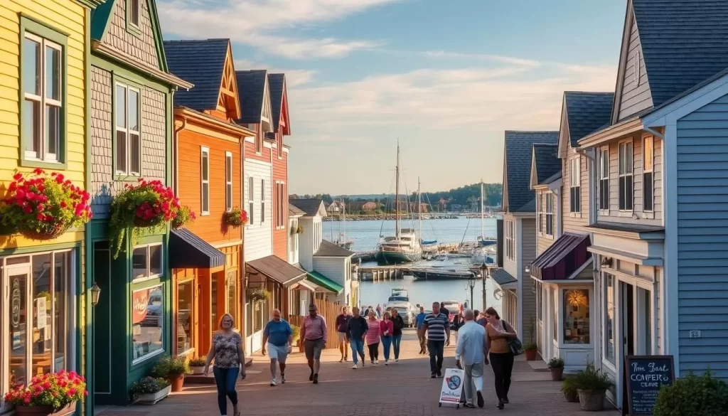 A charming small town nestled along the coastal shores of Door County, Wisconsin. Quaint buildings with colorful facades line the main street, their windows adorned with flower boxes and hanging baskets. People stroll leisurely, window-shopping at local boutiques and cafes. The sun casts a warm glow, illuminating the scene with a soft, natural light. In the distance, a picturesque harbor with sailboats and yachts gently rocking in the calm waters. The atmosphere is one of tranquility and relaxation, inviting visitors to discover the unique character and charm of this quintessential Midwestern town.