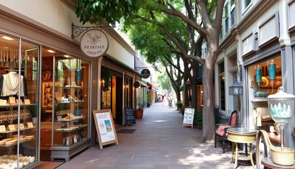 A charming street lined with boutiques and specialty shops offering locally-made jewelry, artwork, gourmet foods, and home decor.