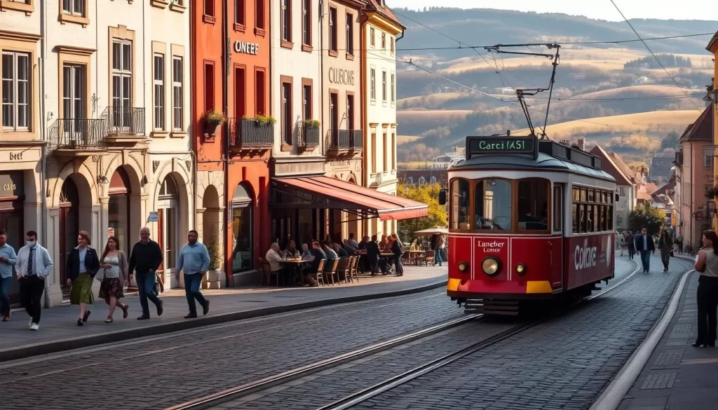 A charming street scene in the heart of Dudelange, Luxembourg, on a sunny day. In the foreground, a vintage tram car glides along the tracks, its sleek design and bright red paint catching the eye. Pedestrians stroll along the sidewalk, taking in the quaint buildings and ornate architecture that line the street. In the middle ground, a bustling cafe spills out onto the cobblestones, with locals sipping coffee and enjoying the lively atmosphere. In the background, the rolling hills of the Luxembourg countryside provide a picturesque backdrop, casting a warm, golden glow over the entire scene. The lighting is soft and diffused, creating a sense of nostalgic charm and timeless elegance.