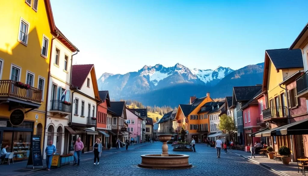 A charming, sun-drenched town nestled in the heart of Liechtenstein's rolling hills. Cobblestone streets lined with quaint shops and cafes, beckoning visitors to stroll and soak in the local ambiance. In the foreground, a picturesque town square, with a historic fountain at its center, surrounded by colorful, well-preserved buildings. In the middle ground, towering mountains serve as a dramatic backdrop, their snow-capped peaks reflecting the clear blue sky. The scene is bathed in warm, golden light, conveying a sense of tranquility and timeless beauty. Pedestrians casually wander the streets, creating a lively, yet unhurried atmosphere. An idyllic, charming Liechtenstein town, ripe for exploration and discovery.