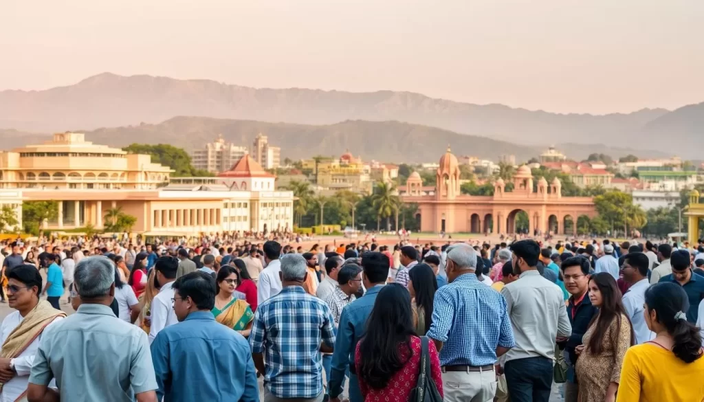 A cityscape of Chandigarh, India, on a sunny day. In the foreground, people of diverse ethnicities converse in a lively outdoor plaza, their body language and expressions conveying a sense of community. The middle ground features a mix of modern and traditional architecture, symbolizing the blending of cultures. In the background, mountains rise majestically, hinting at the region's natural beauty. The scene is bathed in warm, golden light, creating a welcoming and serene atmosphere. The image captures the vibrant linguistic diversity of Chandigarh, reflecting its status as a hub of multilingual interactions.