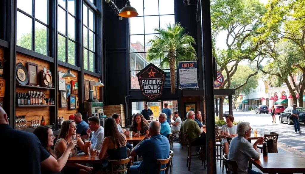 A classic American craft brewery nestled in the heart of picturesque Fairhope, Alabama. The Fairhope Brewing Company's sleek, modern taproom exudes a warm, welcoming atmosphere, with large windows flooding the space with natural light. In the foreground, patrons sip on a variety of flavorful, locally-inspired beers, while in the middle ground, the taproom's rustic-chic decor and industrial-style furnishings create an inviting ambiance. The background showcases the vibrant, tree-lined streets of the charming coastal town, hinting at the unique character and charm of Fairhope. The scene conveys a sense of relaxation, local pride, and the quintessential small-town experience.