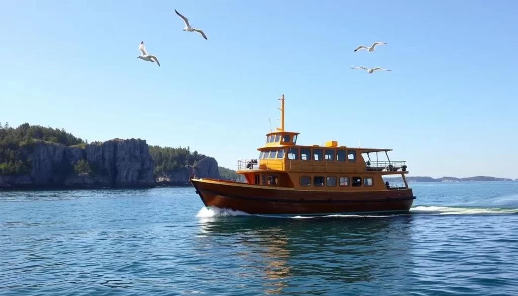 A classic wooden ferry boat gently gliding across the calm, turquoise waters of Swan's Island harbor. The sun's warm rays dance across the vessel's gleaming hull, casting a soft, golden glow. In the background, rugged cliffs and lush, verdant foliage create a picturesque island landscape. Seagulls soar overhead, their cries echoing across the serene scene. The ferry's wake leaves a trail of gentle ripples, inviting visitors to board and embark on a tranquil journey to this idyllic Maine destination.