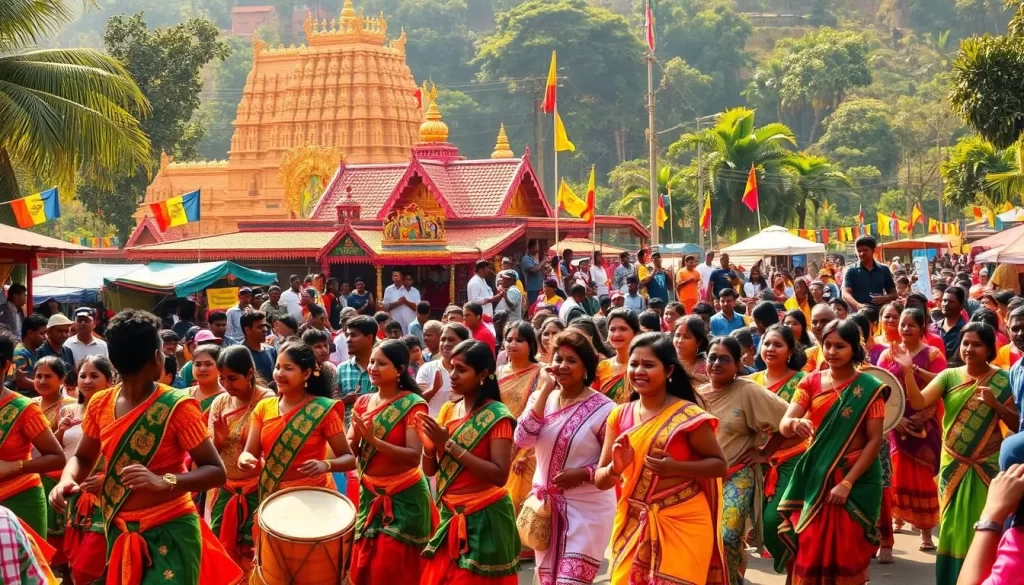 A colorful and vibrant festival scene in Sri Lanka, showcasing the rich cultural heritage and festive spirit of the island nation. In the foreground, a lively procession of dancers adorned in traditional costumes sway to the rhythm of drums and cymbals. In the middle ground, a crowd of spectators cheers and celebrates, their faces alive with joy and enthusiasm. The background is filled with ornate temples, colorful flags, and the lush greenery that defines the Sri Lankan landscape. Warm, golden sunlight bathes the entire scene, creating a sense of warmth and celebration. The overall atmosphere is one of energy, vitality, and a deep connection to the island's cultural traditions.