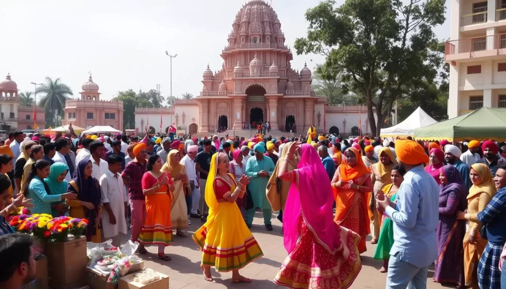 A colorful crowd gathered in a bustling town square, celebrating the Baisakhi festival. In the foreground, a group of dancers in vibrant traditional costumes perform a lively folk dance, their movements graceful and energetic. In the middle ground, vendors offer an array of fragrant flowers, delectable sweets, and hand-crafted goods, while families and friends mingle and converse. In the background, a magnificent Sikh temple stands tall, its ornate architecture bathed in warm sunlight, setting the scene for this joyous, cultural event. The atmosphere is filled with the sound of live music, laughter, and the hum of excited chatter, creating a palpable sense of celebration and community.