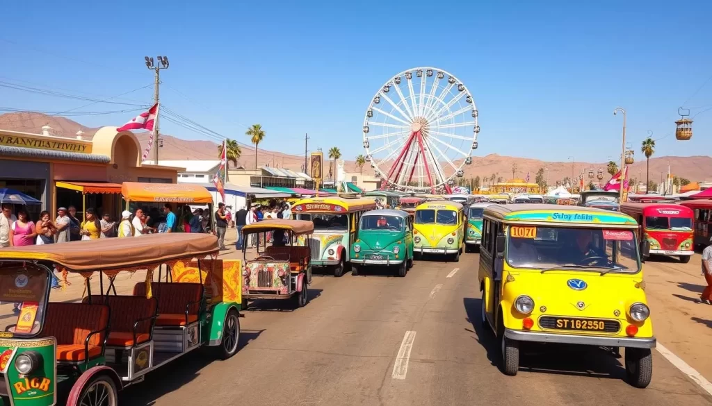 A colorful parade of unique festival transportation weaves through a bustling desert town. In the foreground, a fleet of elaborately decorated rickshaws and golf carts ferries visitors around, their vibrant designs catching the warm afternoon sunlight. In the middle ground, a caravan of vintage buses and converted school buses transports revelers, their colorful exteriors and eclectic decorations reflecting the celebratory atmosphere. In the background, a towering Ferris wheel spins against a clear blue sky, its gondolas carrying festival-goers high above the bustling scene below. An energetic, lively mood fills the air, inviting onlookers to join the festivities.