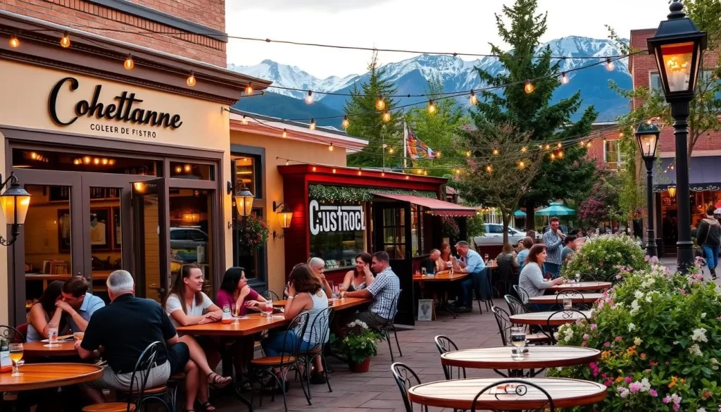 A cozy al fresco dining scene in downtown Coeur d'Alene, Idaho. A chic bistro with an elegant storefront, its outdoor patio buzzing with cheerful patrons enjoying craft cocktails and artisanal dishes. Strings of twinkling lights cast a warm glow, complementing the vibrant greenery and blooming flower beds. Wooden tables and wrought-iron chairs create an inviting, European-inspired ambiance. In the background, the majestic Coeur d'Alene Mountains rise, framing the scene with their snow-capped peaks. A serene, picturesque setting that perfectly captures the essence of dining in this scenic Idaho destination.