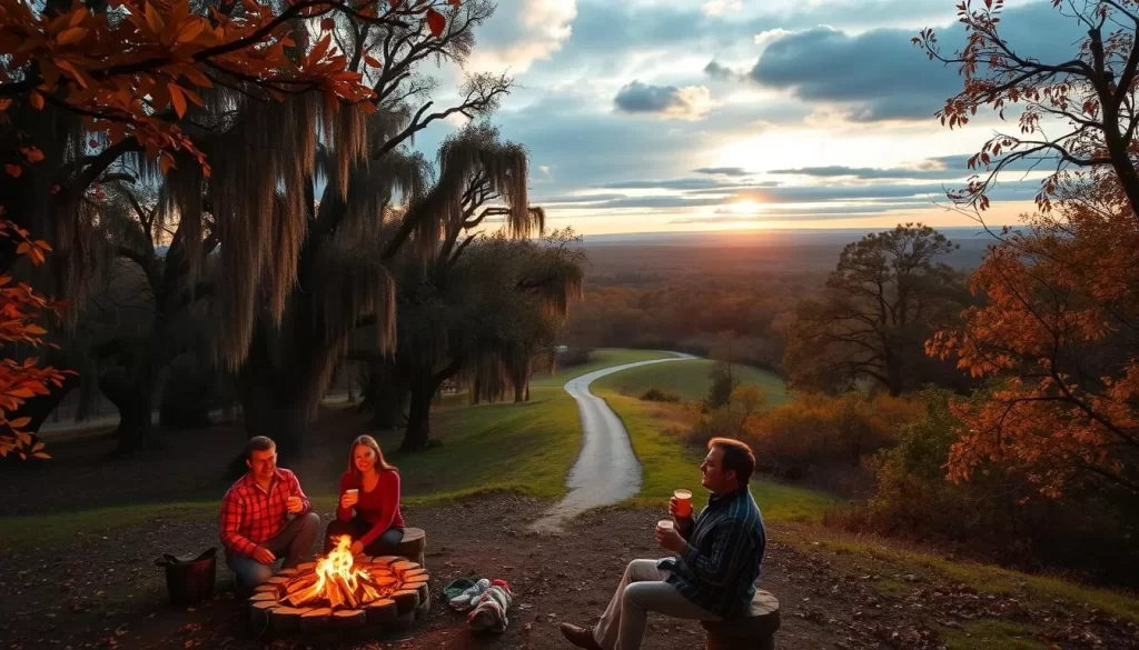 A cozy autumn day in the Louisiana countryside, with a gentle breeze rustling the vibrant foliage. In the foreground, a group of friends gather around a small campfire, roasting marshmallows and sipping warm cider. In the middle ground, a winding path leads through a grove of cypress trees, their knees draped in Spanish moss. In the background, rolling hills stretch out under a softly clouded sky, the setting sun casting a warm, golden glow over the scene. The overall mood is one of tranquility and simple pleasures, perfectly capturing the spirit of fall in Louisiana.