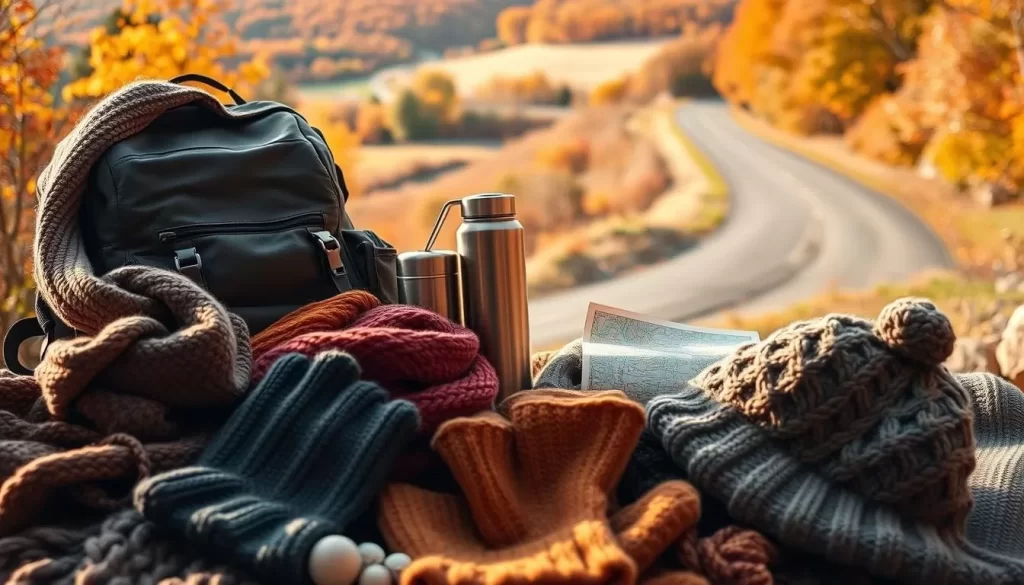 A cozy autumn scene in Connecticut, showcasing the essential packing items for a weather-savvy trip. In the foreground, an array of warm knitted scarves, gloves, and a wool hat in earthy tones. In the middle ground, a sturdy hiking backpack, a thermos, and a map, hinting at outdoor adventures. The background features a landscape of vibrant fall foliage, with a quaint country road winding through the rolling hills. Diffused natural light casts a soft, golden glow, creating a serene and inviting atmosphere.